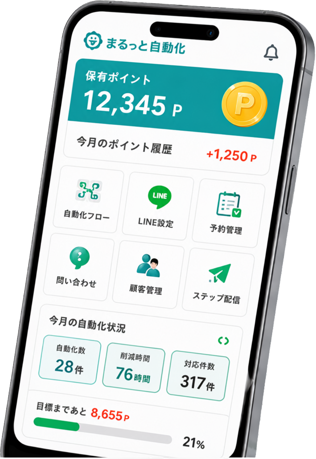 まるっと自動化アプリの画面（保有ポイント・自動化状況）